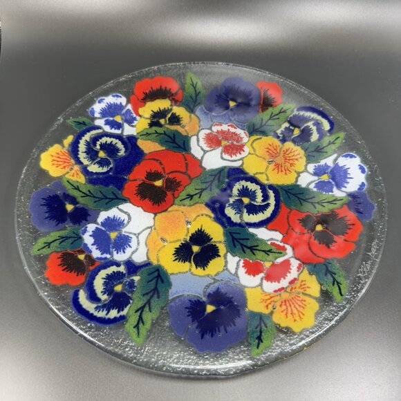 Peggy Karr Fused Art Glass 11inch Plate Dish Pansy Pansies Floral Flowers Signed - Picture 1 of 15